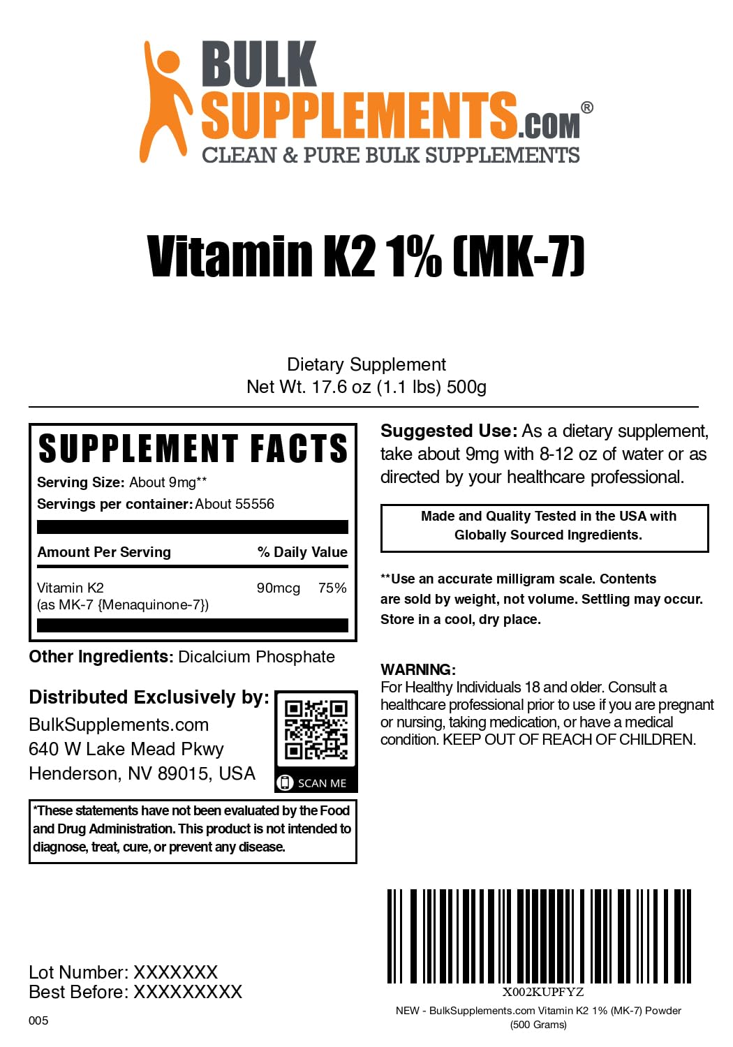 BulkSupplements Vitamin K2 powder label displaying 9 mg per serving.