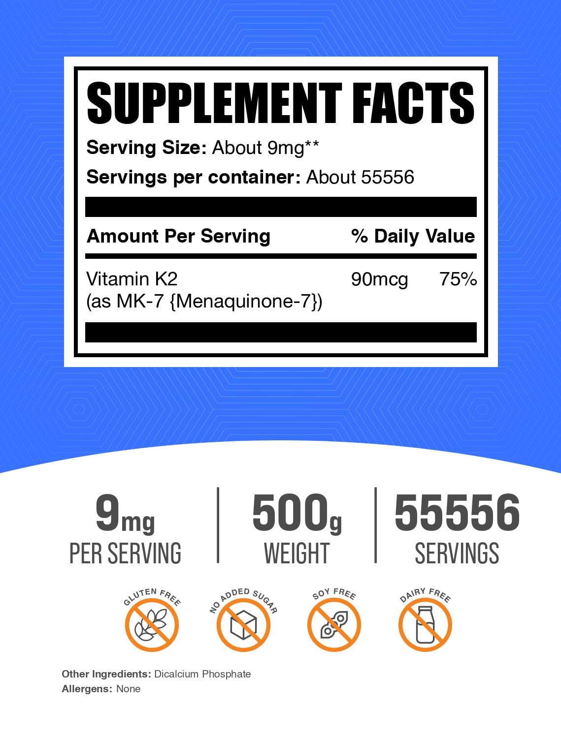 BulkSupplements K2 powder with scoop for convenient daily measurements.