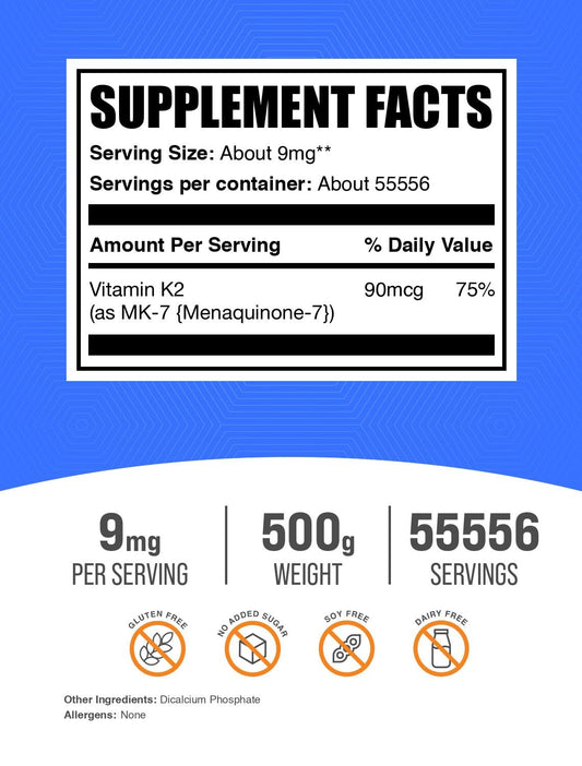 BulkSupplements K2 powder with scoop for convenient daily measurements.