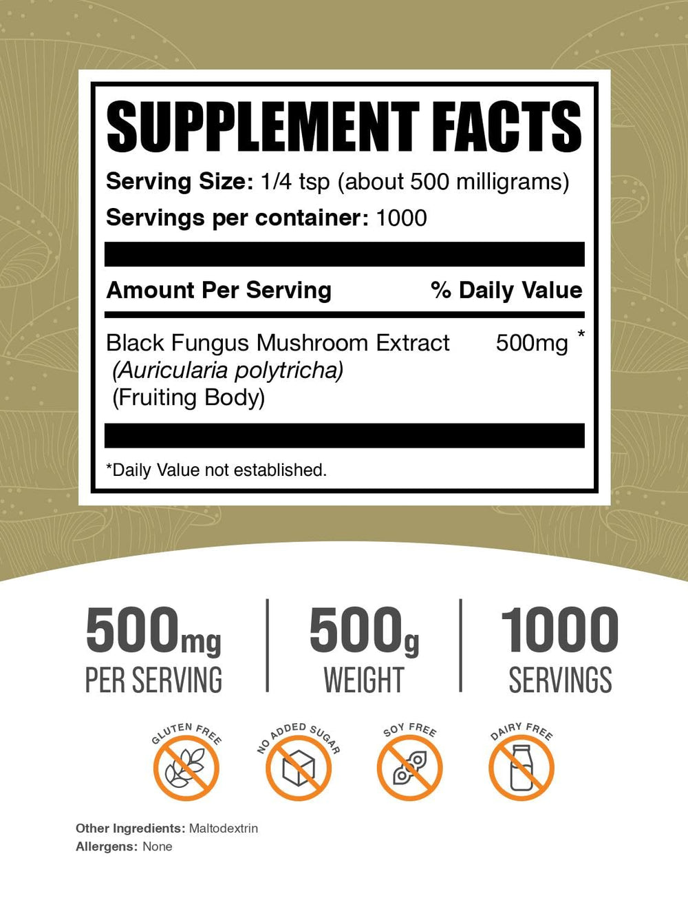 BulkSupplements Wood Ear Mushrooms Powder container; versatile vegan-friendly supplement.