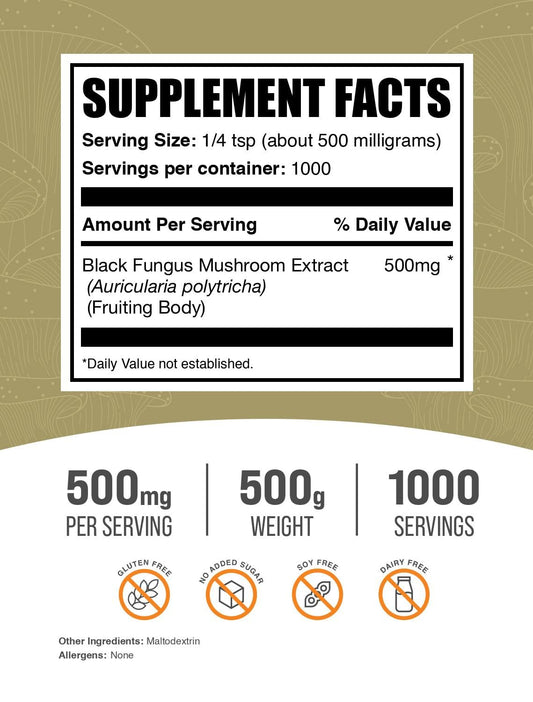 BulkSupplements Wood Ear Mushrooms Powder container; versatile vegan-friendly supplement.