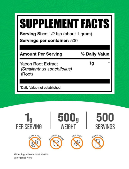 BulkSupplements Yacon Root Extract sugar substitute bottle enables healthier recipe swaps.
