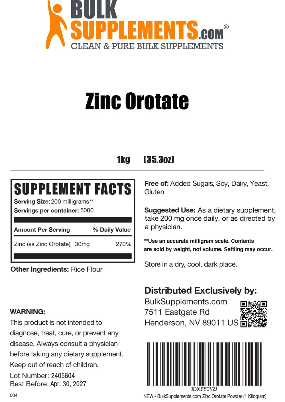 BulkSupplements Zinc Orotate Powder testing seal confirms quality checks.