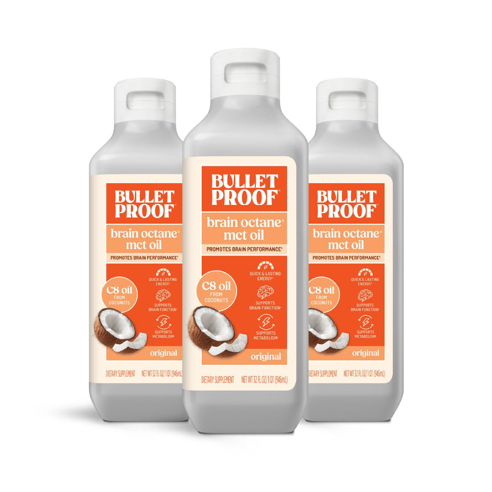Bulletproof Brain Octane C8 MCT Oil bottle on shelf for clean energy boost.