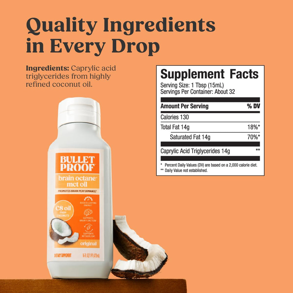 Bulletproof Brain Octane C8 MCT Oil bottle back, detailing usage for sustained energy