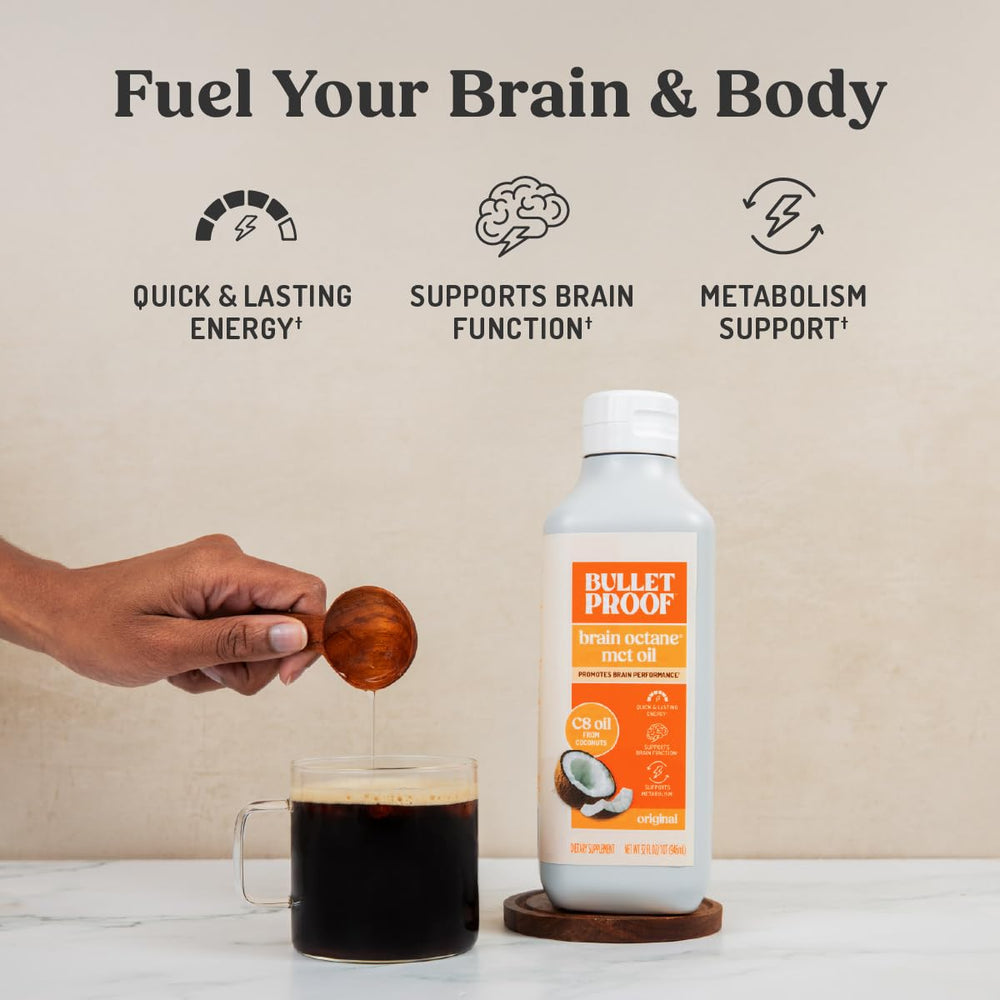 Close-up of Bulletproof Brain Octane C8 MCT Oil label emphasizing purity.