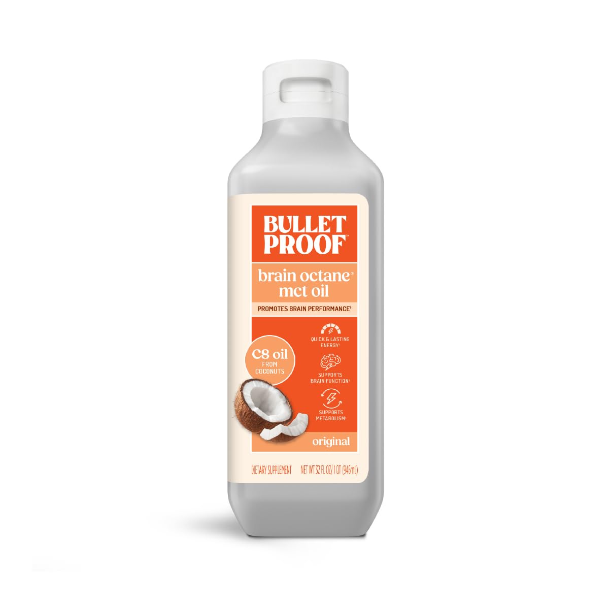 Bulletproof Brain Octane C8 MCT Oil bottle being poured for quick energy