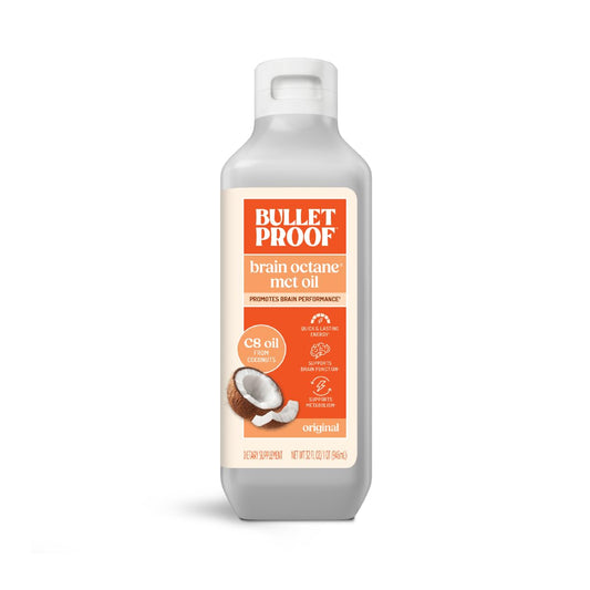 Bulletproof Brain Octane C8 MCT Oil bottle being poured for quick energy