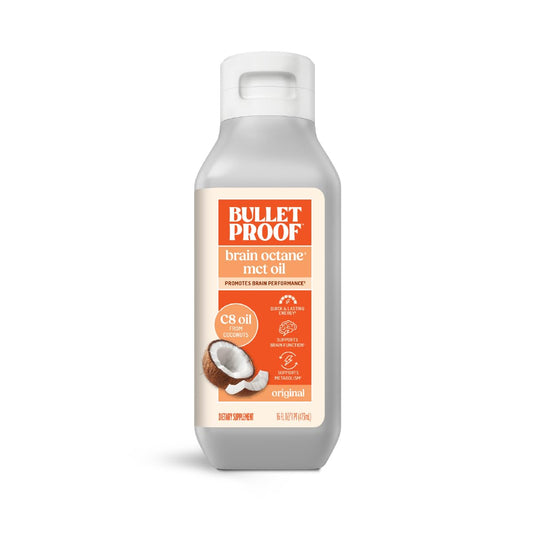 Bulletproof Brain Octane C8 MCT Oil bottle for quick morning energy