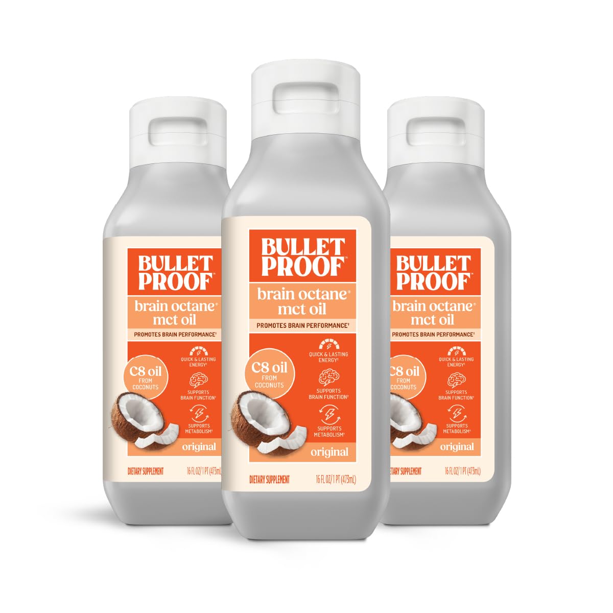 Bulletproof Brain Octane C8 MCT Oil bottle on kitchen shelf delivering clean energy