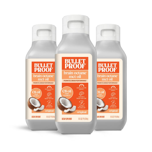 Bulletproof Brain Octane C8 MCT Oil bottle on kitchen shelf delivering clean energy