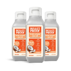 Bulletproof Brain Octane C8 MCT Oil bottle on kitchen shelf delivering clean energy