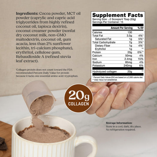 Bulletproof Chocolate Collagen Peptides poured into coffee for easy mix and flavor.