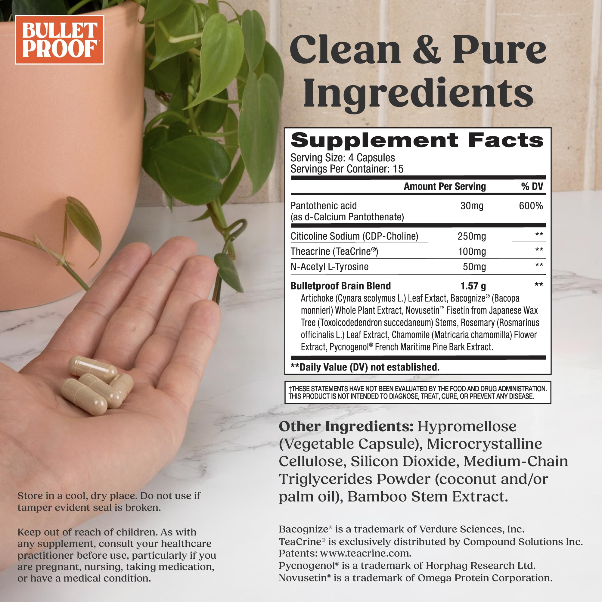 Bulletproof Clarity + Focus label closeup highlighting caffeine-free cognition benefits