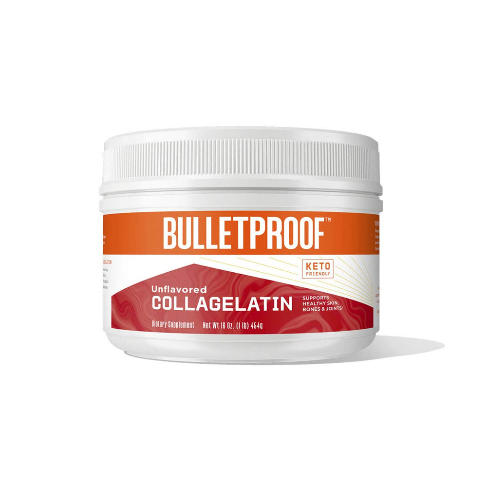Bulletproof Collagelatin jar front, 16 oz, unflavored protein boost for recipes.