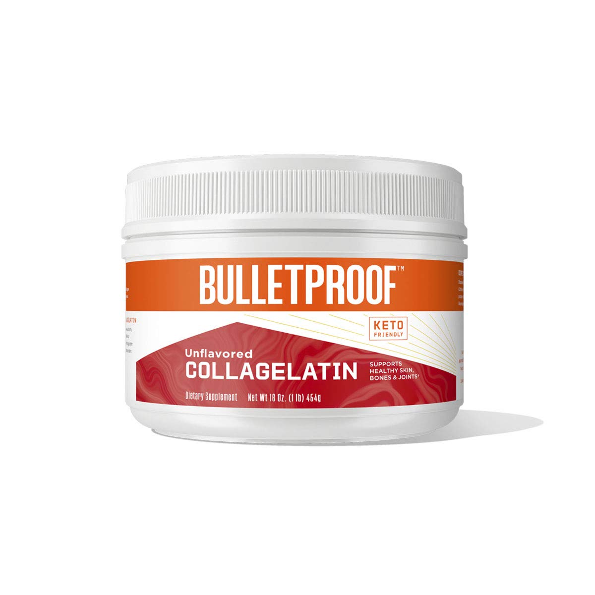 Bulletproof Collagelatin jar front, 16 oz, unflavored protein boost for recipes.