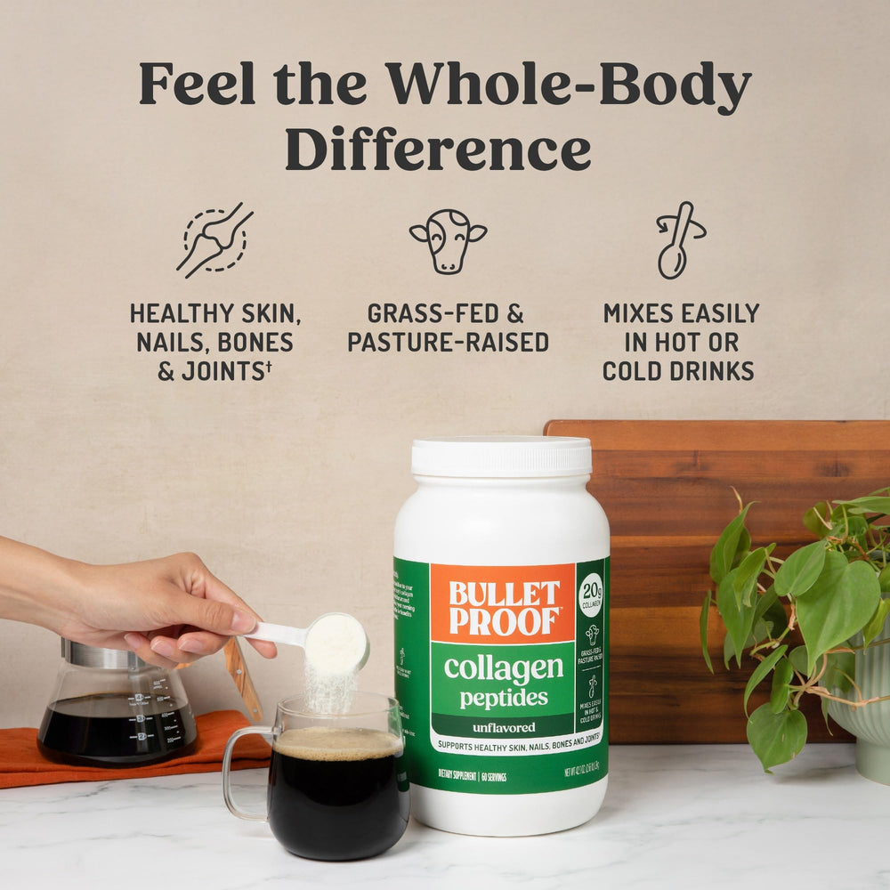 Bulletproof Collagen Peptides poured into coffee for easy mix-in.