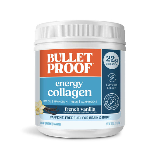 Bulletproof Energy Collagen Vanilla Bean jar showcasing 20g collagen for steady energy