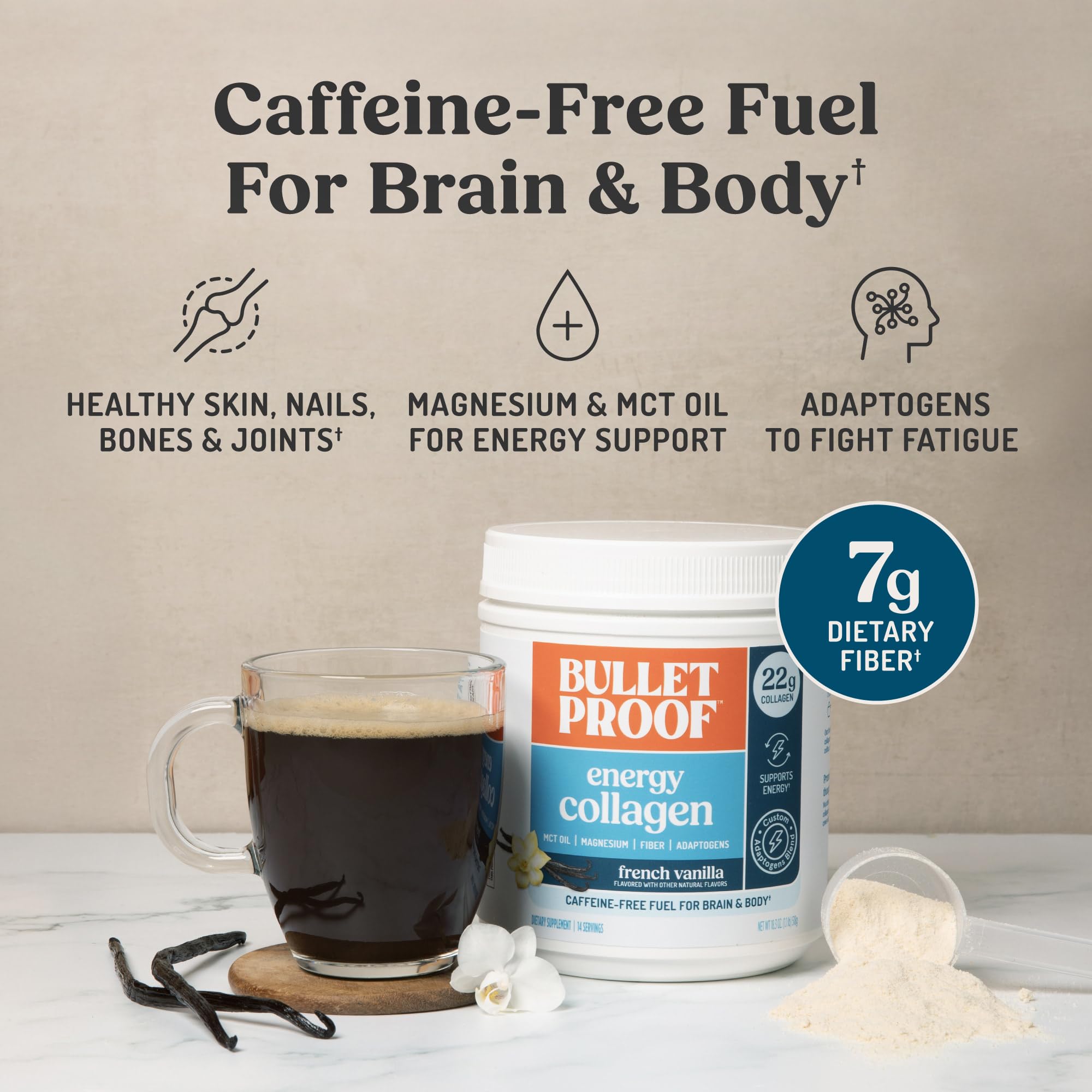 Bulletproof Energy Collagen Vanilla Bean MCT oil blend provides clean fuel