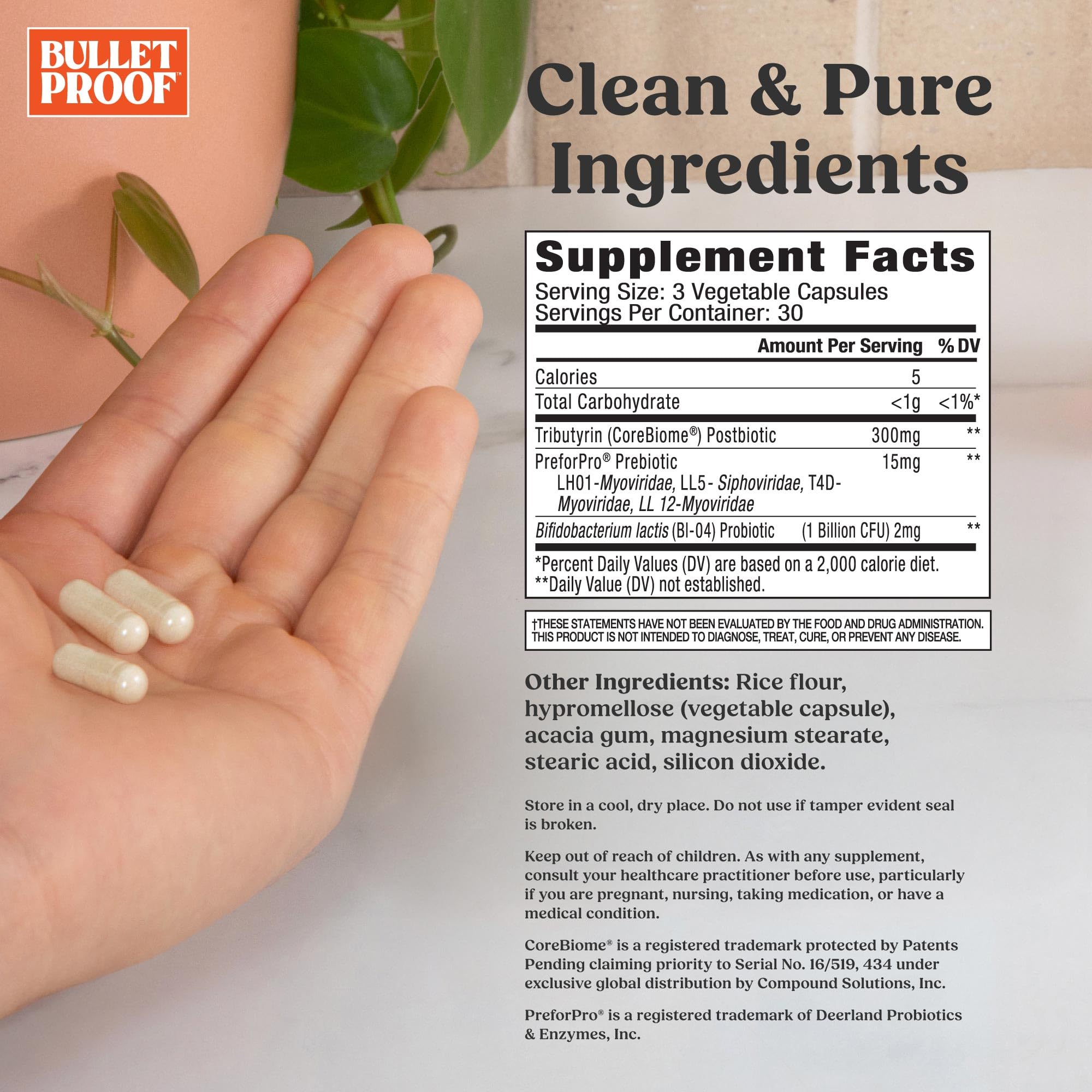Bulletproof Express 3-in-1 probiotic capsules close-up, emphasizing efficacy and purity
