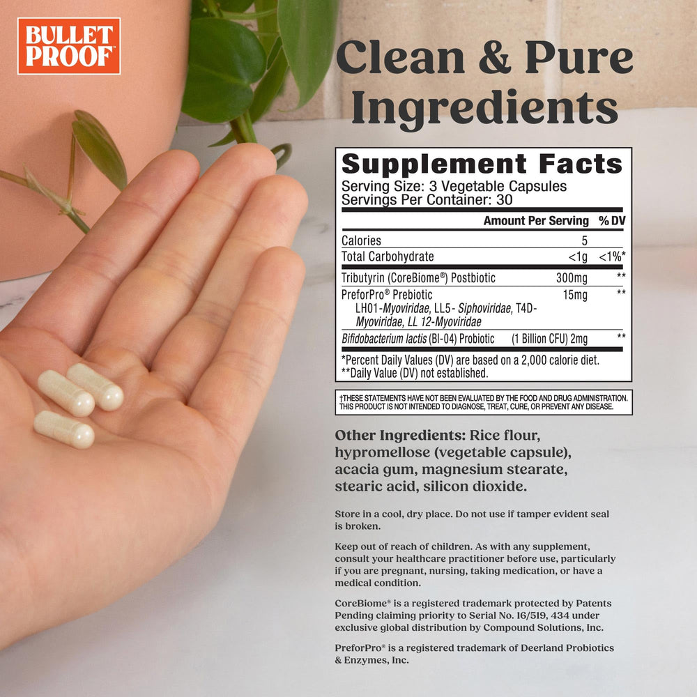 Bulletproof Express 3-in-1 probiotic capsules close-up, emphasizing efficacy and purity