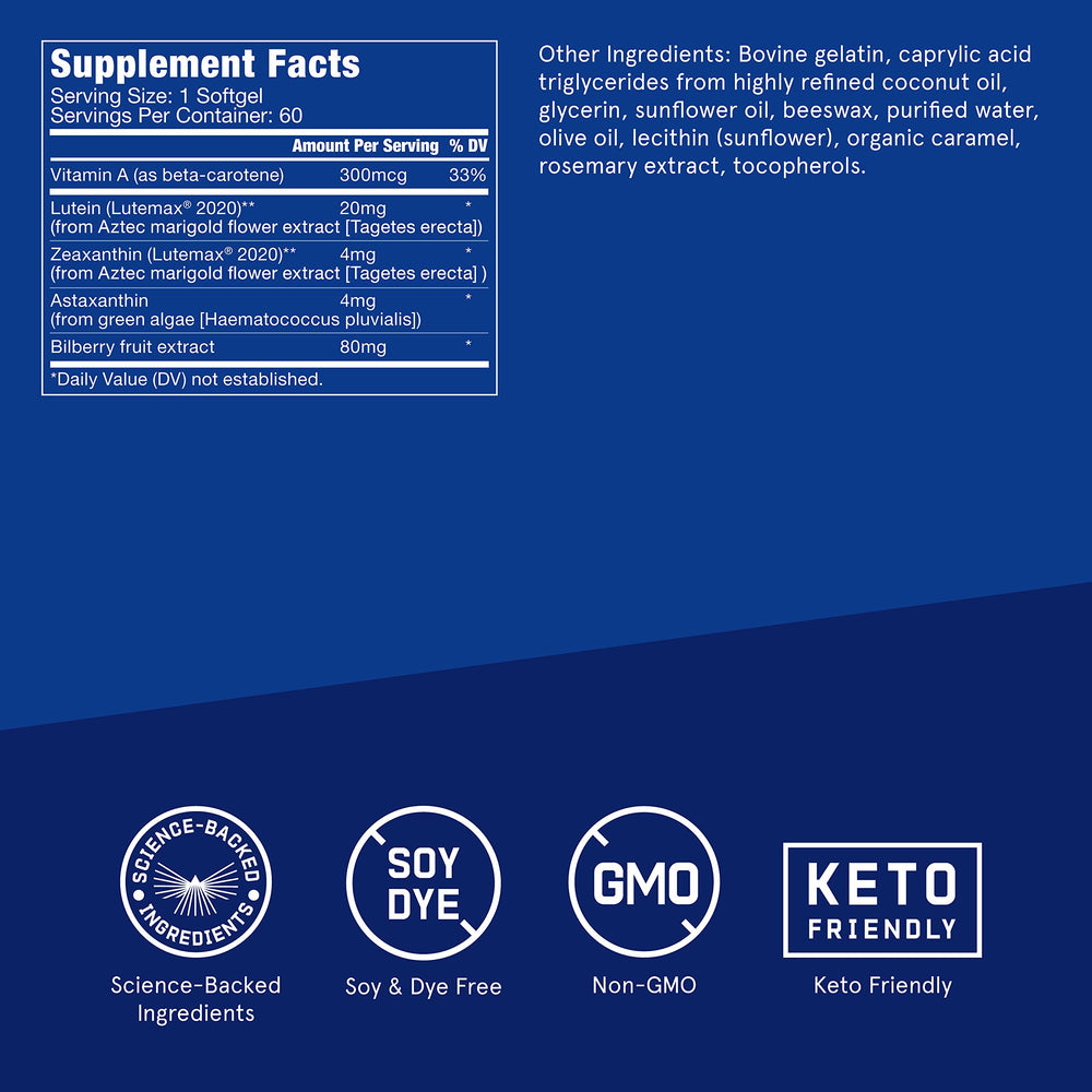 Bulletproof Eye Armor label closeup showing lutein, zeaxanthin and astaxanthin.