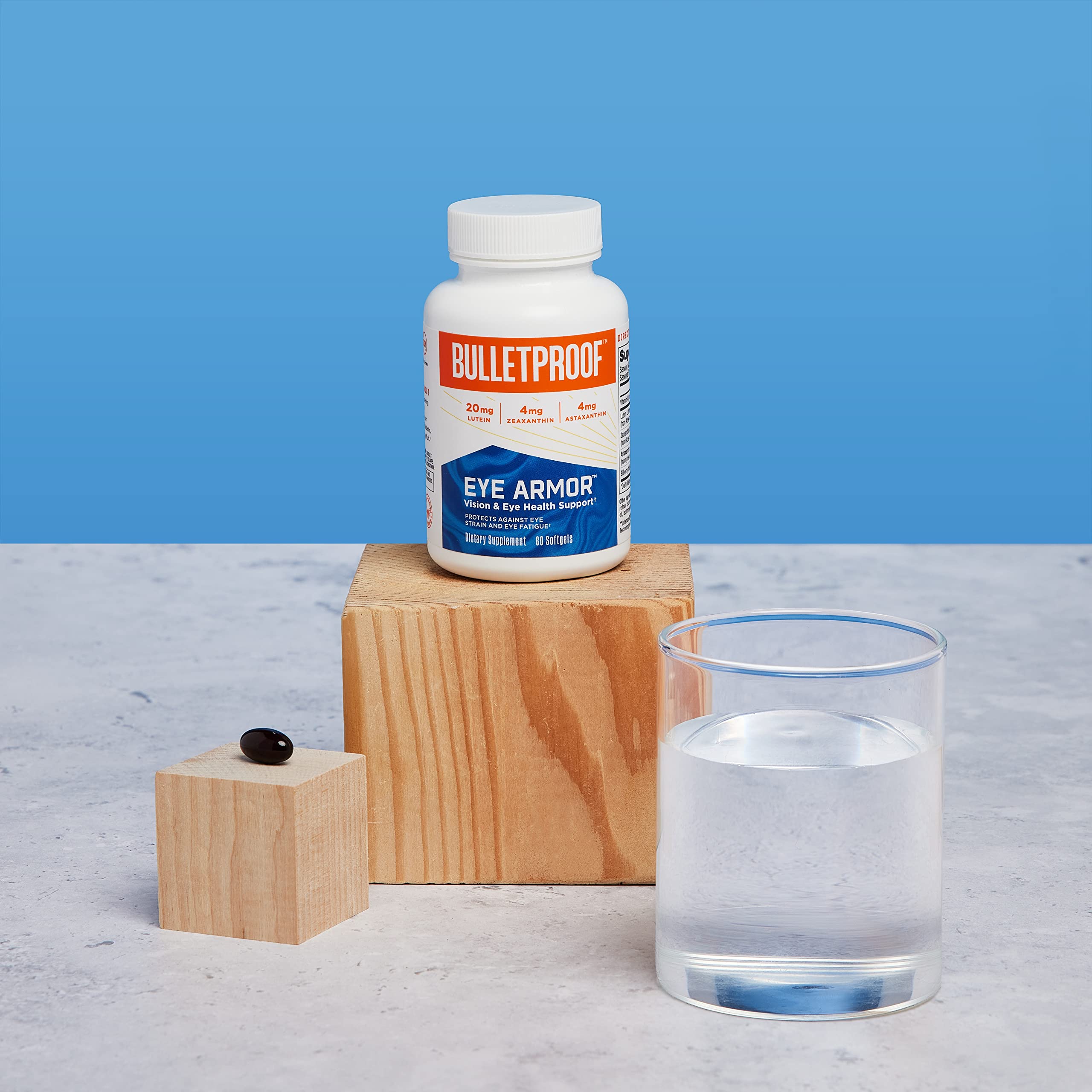 Pills closeup of Bulletproof Eye Armor softgels for daily use.