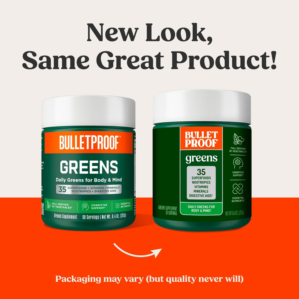 Bulletproof Greens jar close-up highlighting 8.4 oz size and nutrient-rich blend