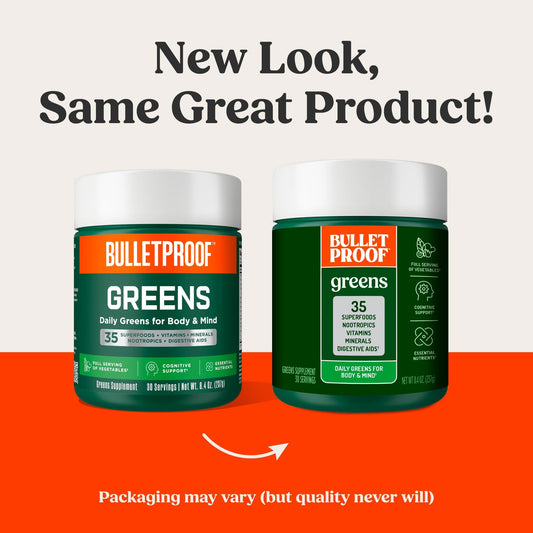 Bulletproof Greens jar close-up highlighting 8.4 oz size and nutrient-rich blend
