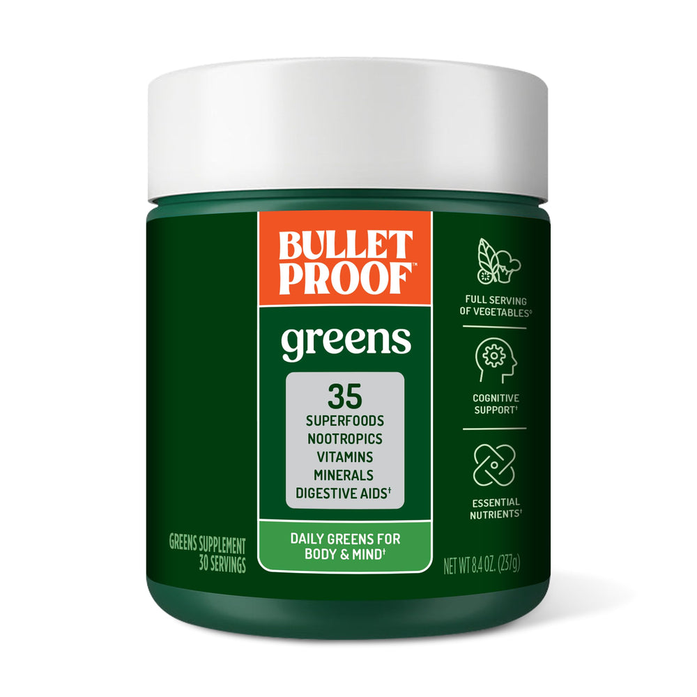 Bulletproof Greens package front with bold branding for daily nutrition
