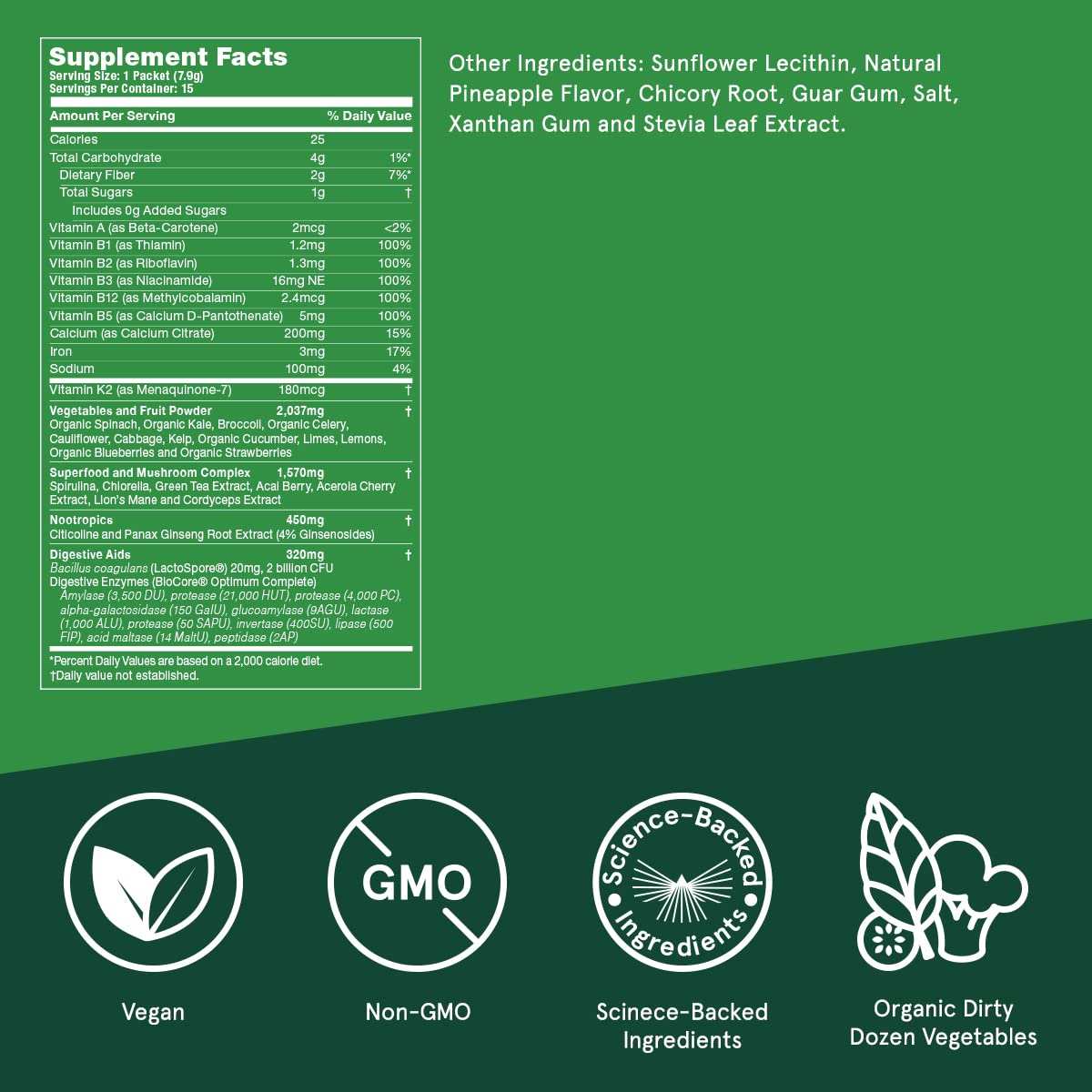 Bulletproof Greens Packets box back detailing ingredients and nutrient focus