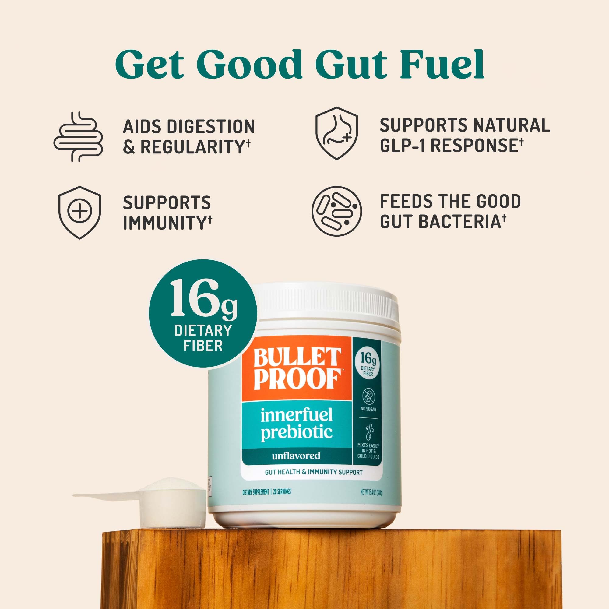 Bulletproof Innerfuel being mixed into a beverage shows zero sugar and keto-friendly option.