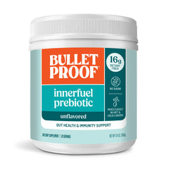Bulletproof Innerfuel unflavored powder bottle highlights plant-based prebiotic fiber for gut health support.