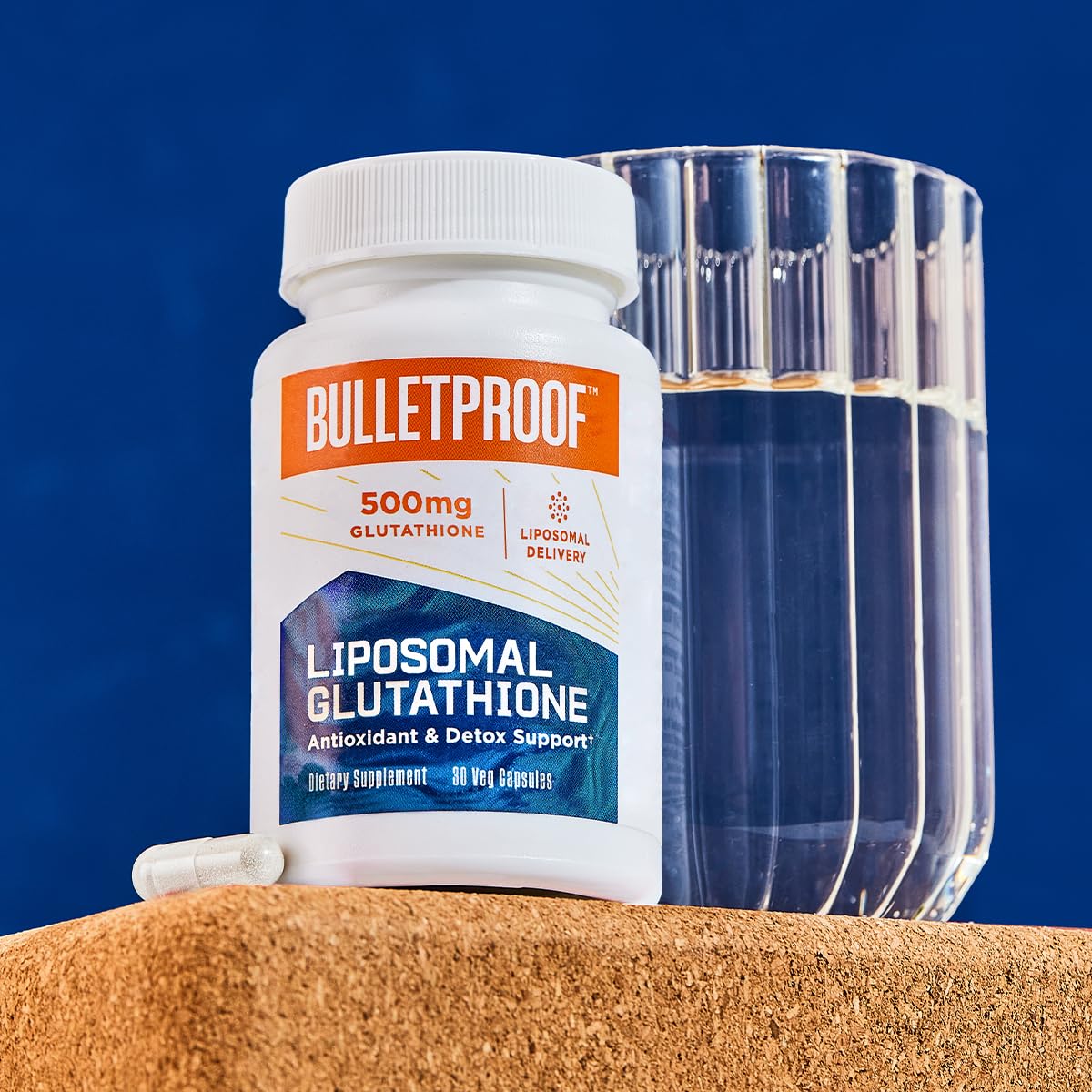 Bulletproof Liposomal Glutathione Force packaging on shelf indicating vegan and non-GMO