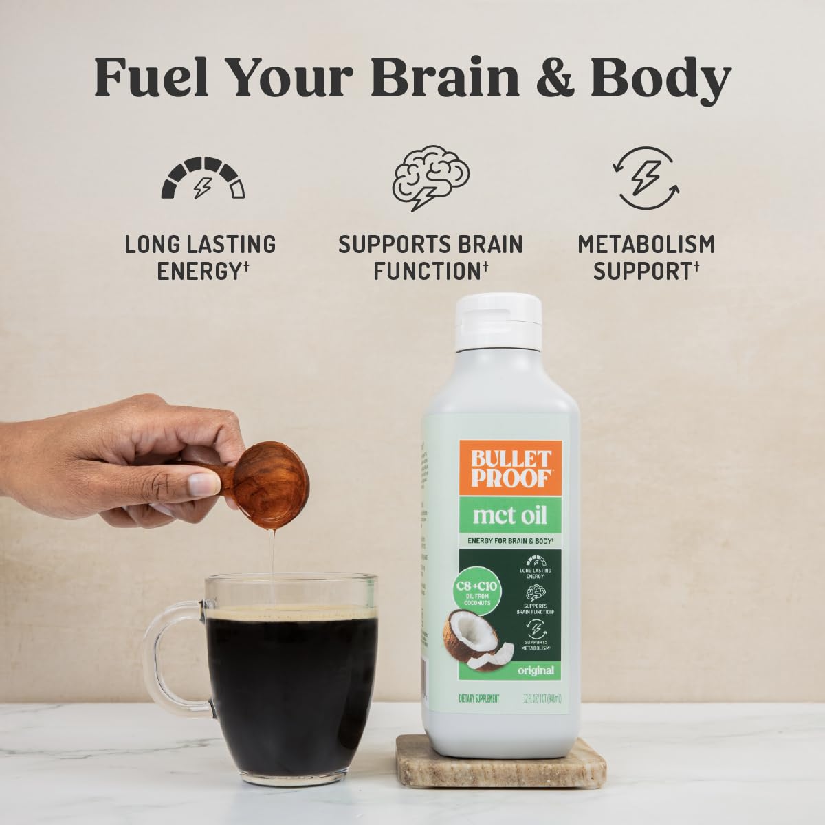 Bulletproof MCT Oil bottle label highlights coconut oil base.