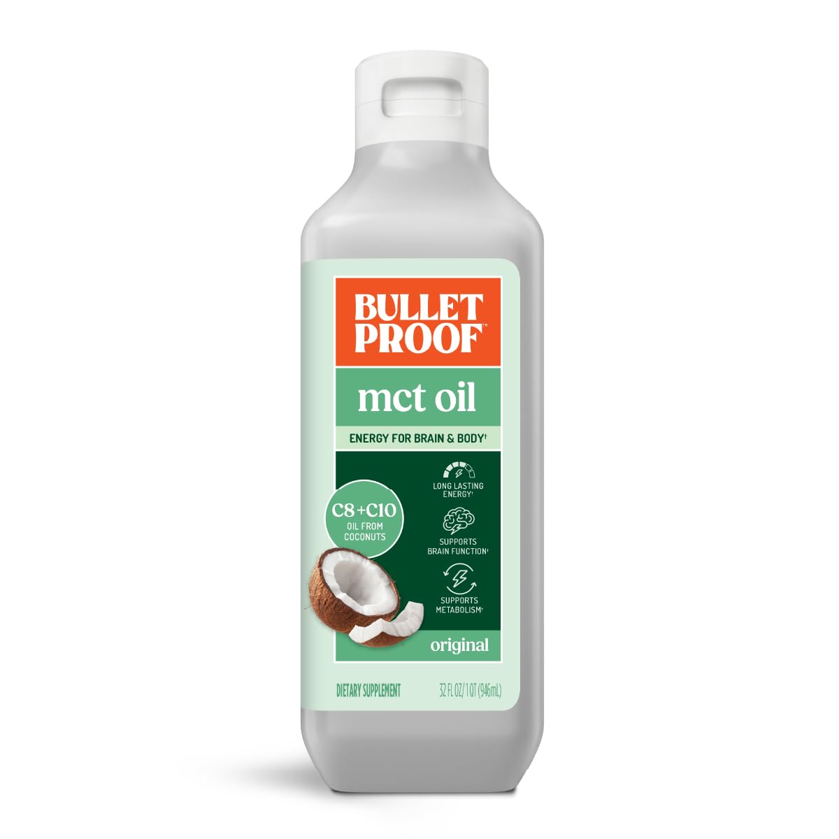 Bulletproof MCT Oil bottle pour for easy beverage blending.