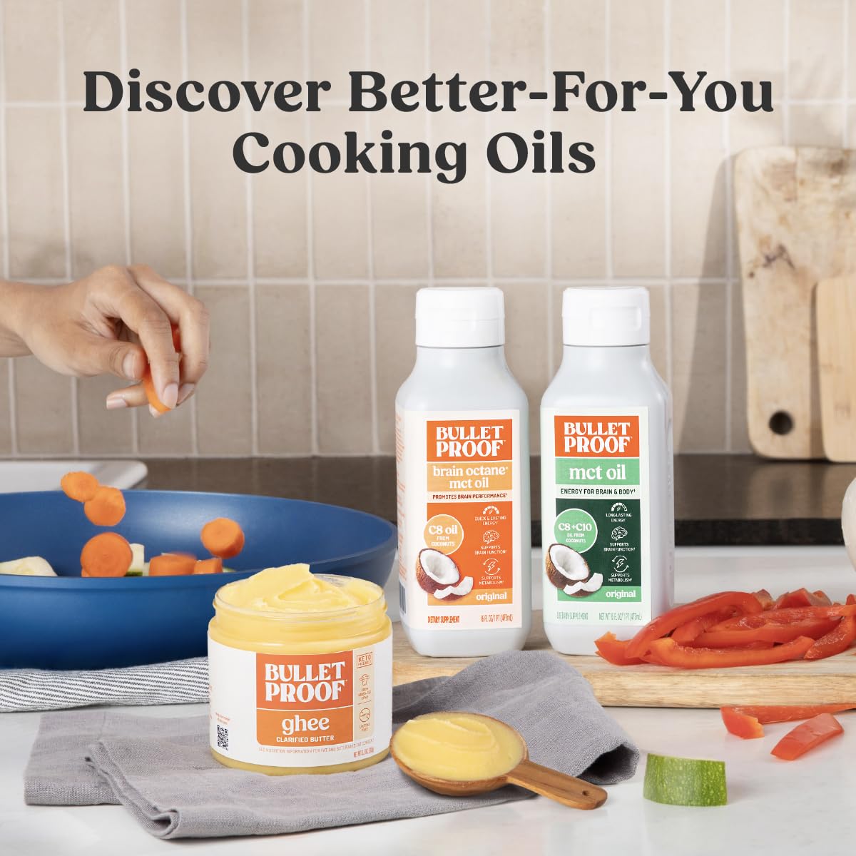 Bulletproof MCT Oil kitchen scene emphasizes daily energy option.