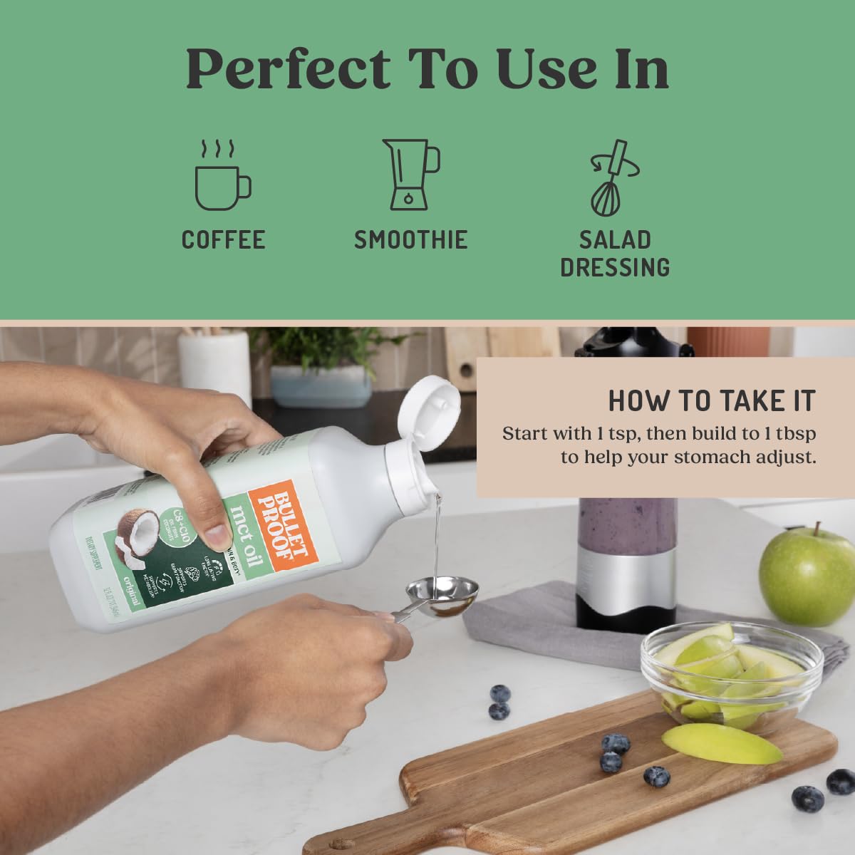 Bulletproof MCT Oil smoothie glass suggests versatile drink use.