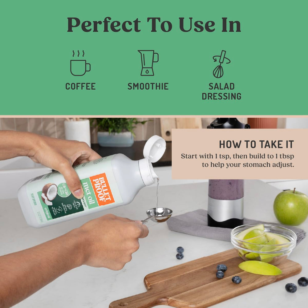 Bulletproof MCT Oil smoothie glass suggests versatile drink use.