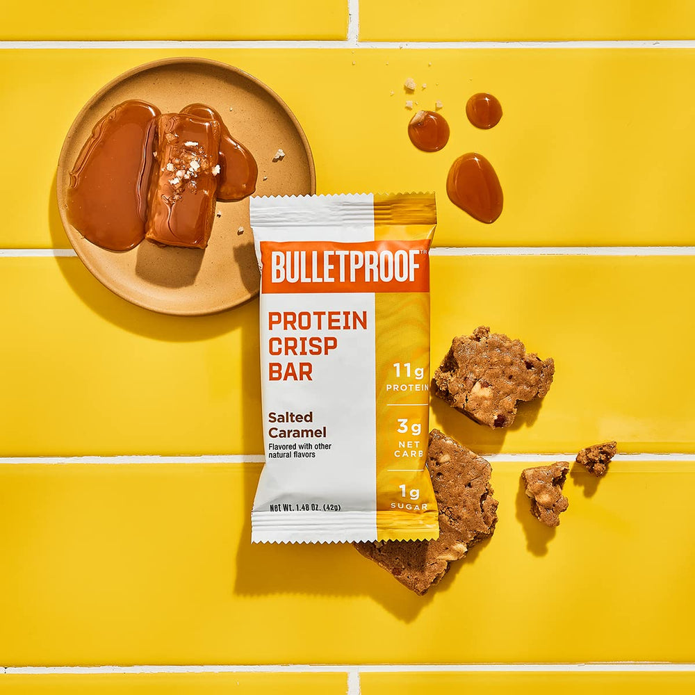 Bulletproof Protein Crisp Bars closeup crunch highlights chewy texture and protein crisps.