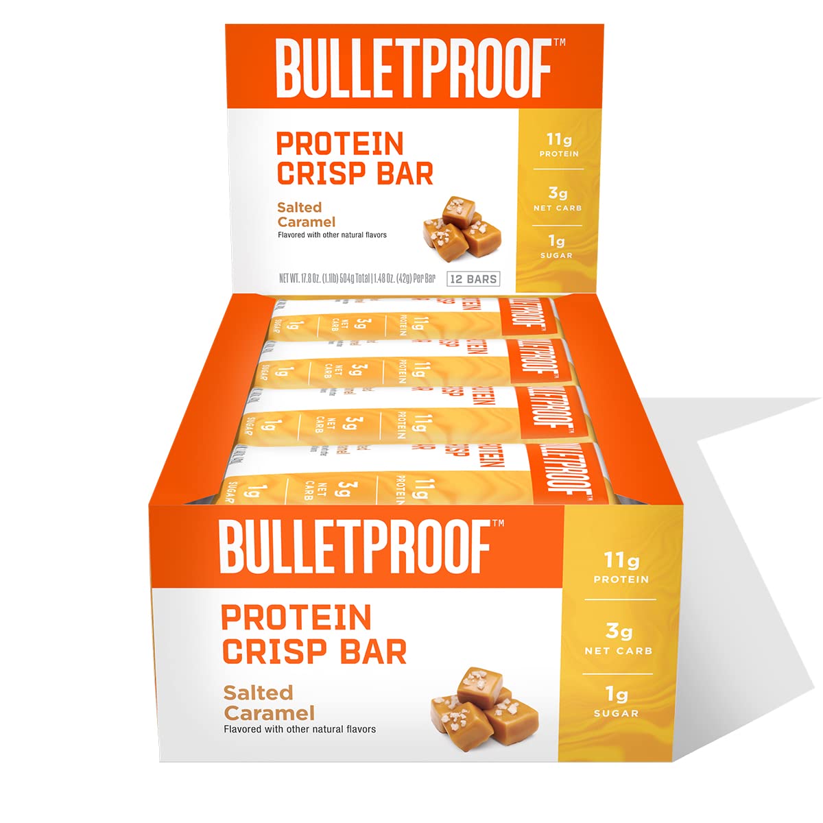 Bulletproof Salted Caramel Protein Crisp Bars box highlights a high-protein snack.