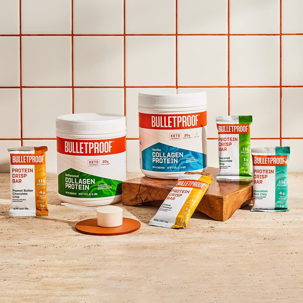 Bulletproof Salted Caramel Protein Crisp Bars shelf shot with gluten-free options.