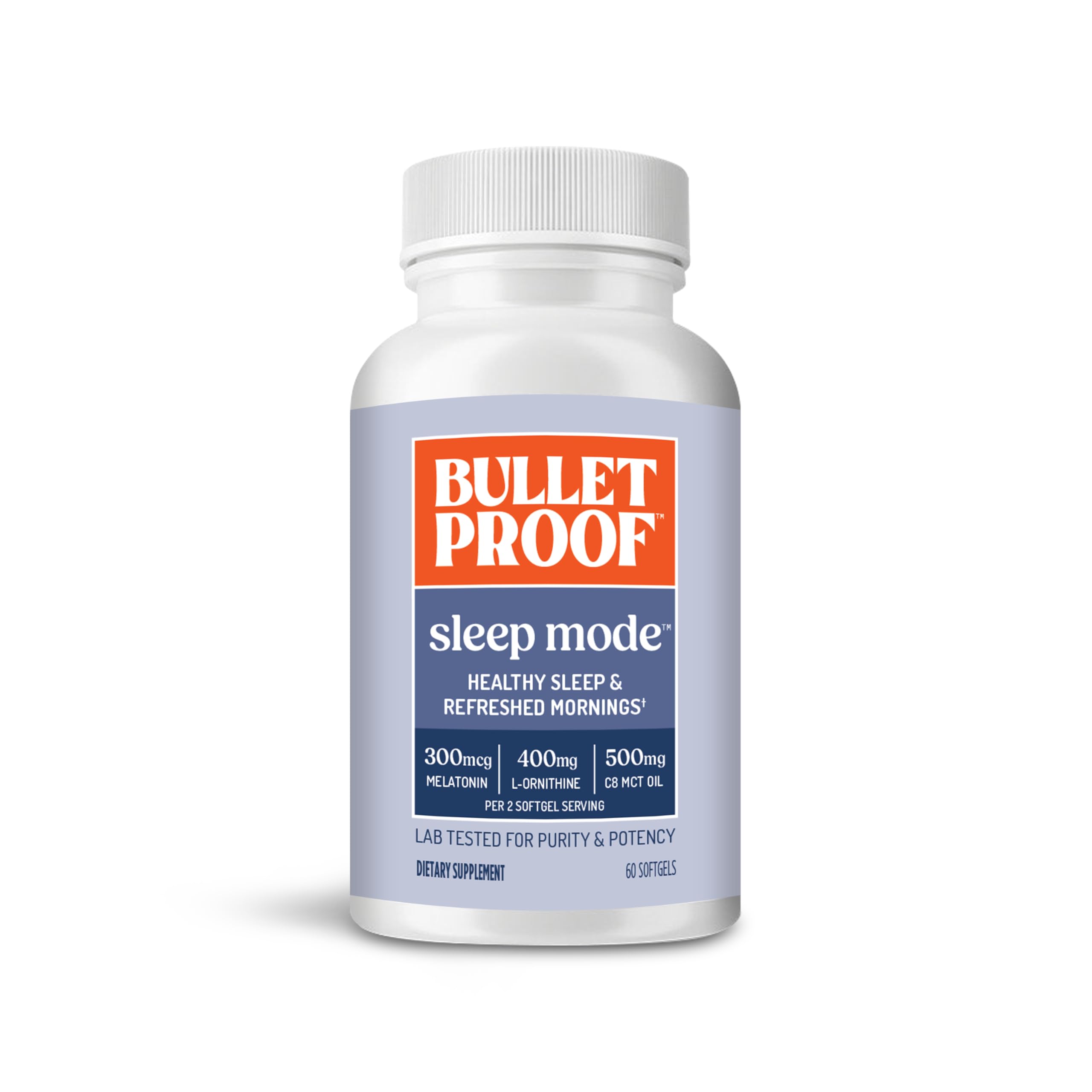 Bulletproof Sleep Mode Softgels bottle supports a simple nightly routine for restful evenings.