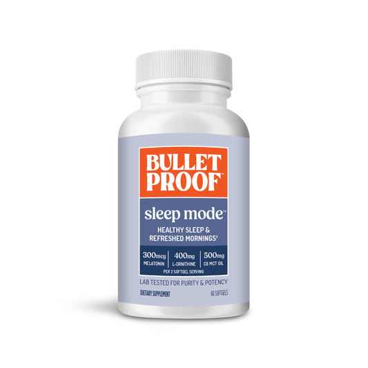 Bulletproof Sleep Mode Softgels bottle supports a simple nightly routine for restful evenings.