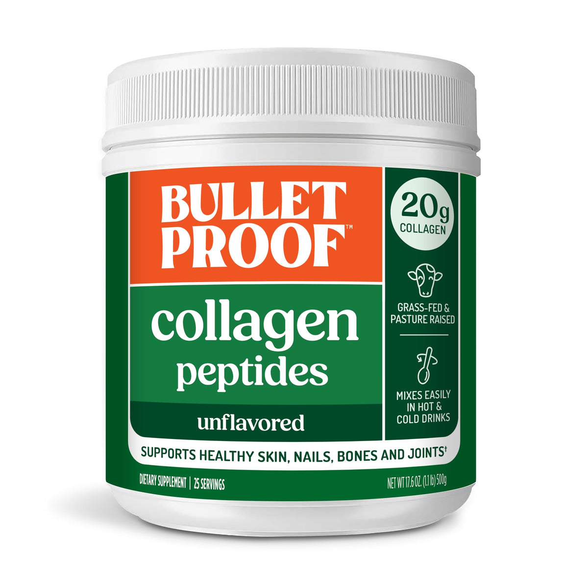 Bulletproof Collagen Peptides jar shown for daily skin and joint support.