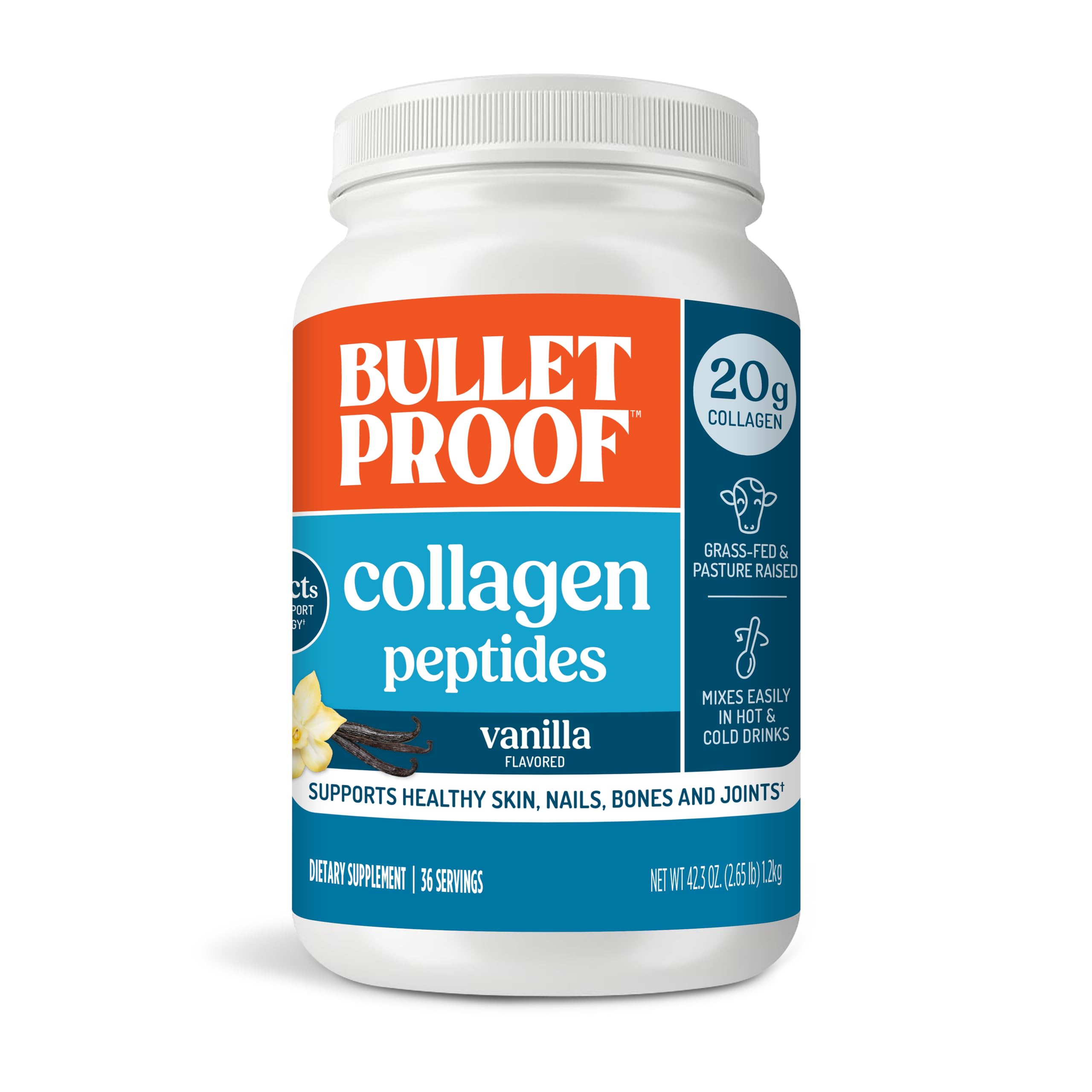 Bulletproof Vanilla Collagen bottle front showing value-size tub for daily protein.