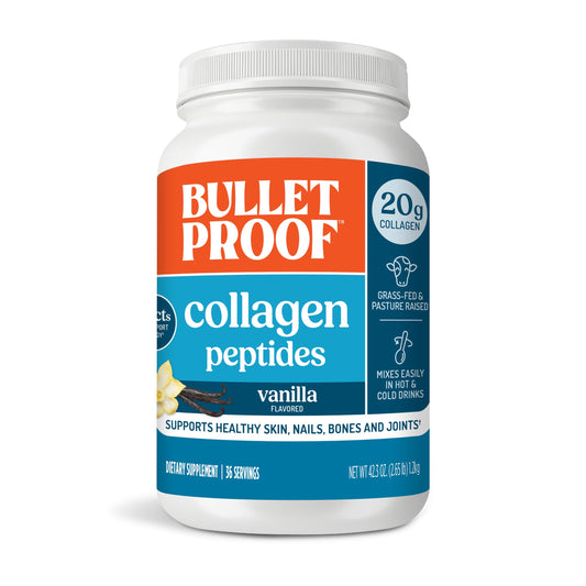 Bulletproof Vanilla Collagen bottle front showing value-size tub for daily protein.