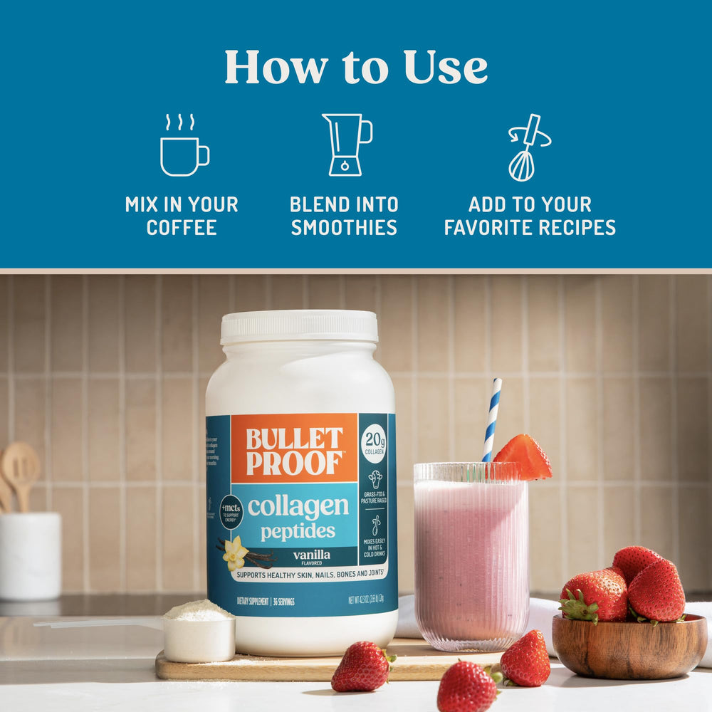 Collagen powder stirred into coffee for a morning energy boost.
