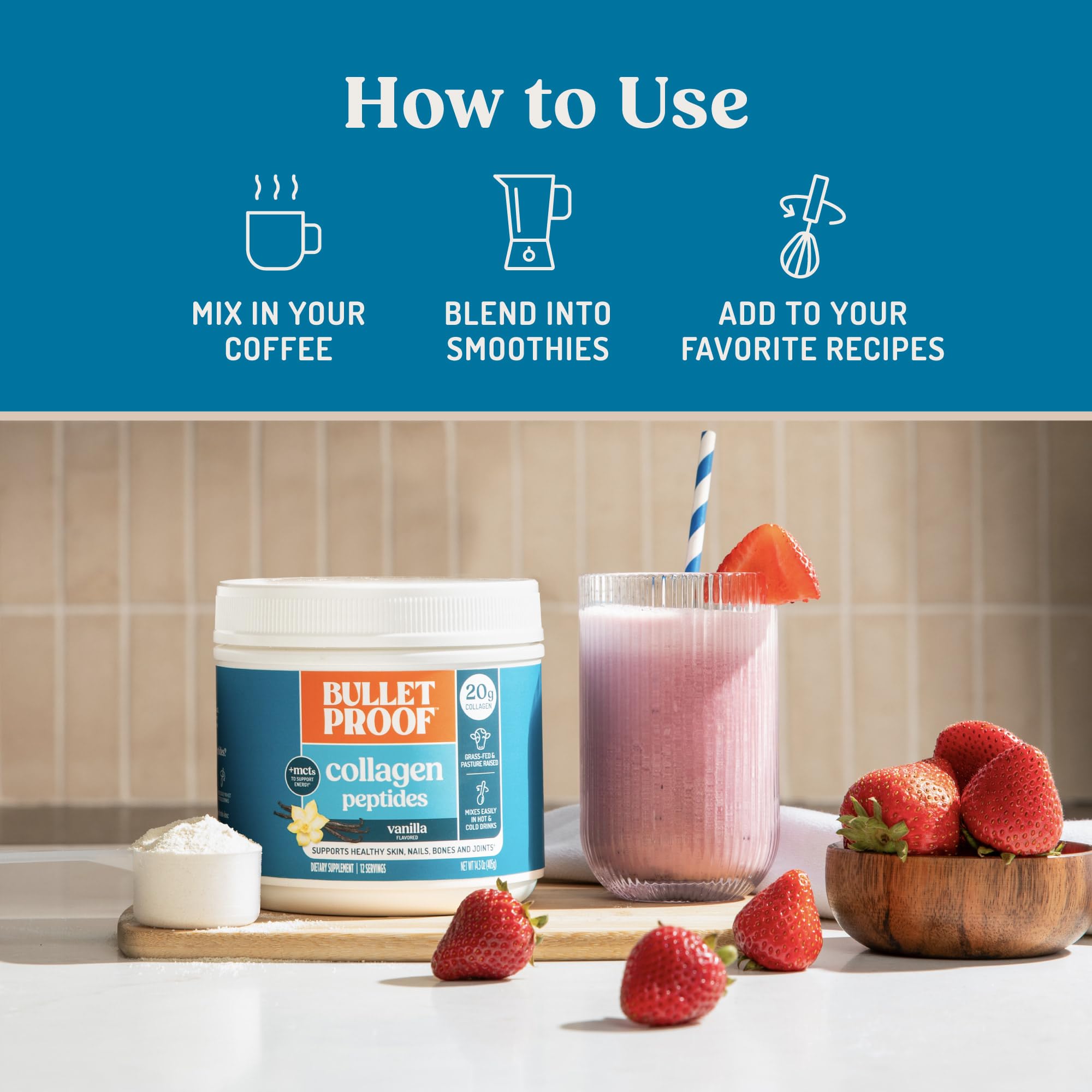 Pasture-raised Bulletproof collagen on the counter highlighting hormone-free sourcing.