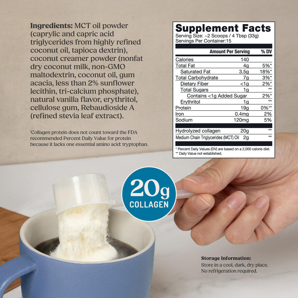 Bulletproof Vanilla Collagen Peptides being poured into coffee for easy integration.